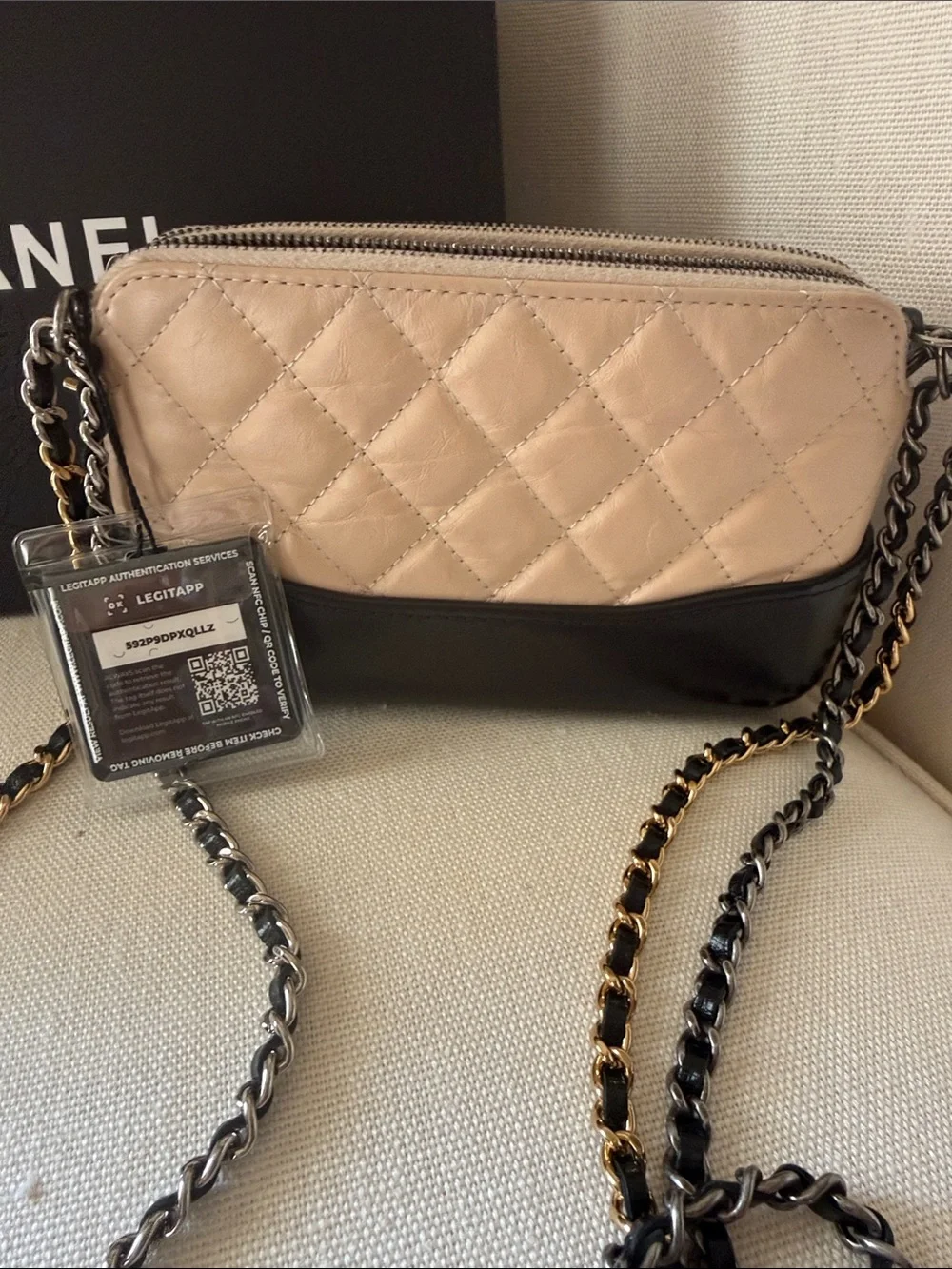 CHANEL Gabrielle aged calfskin Leather Crossbody Clutch w/ two tone chain Strap
